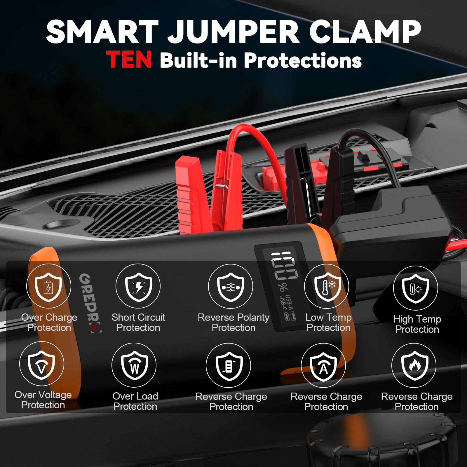 GREPRO Jump Starter Power Pack (up to 6.5L Gas, 4.0L Diesel), 2000A Car Battery Booster Jump Starter and Jump Pack for 12V Vehicles, Motorcycle, Battery Booster with LCD Screen and LED Flashlight