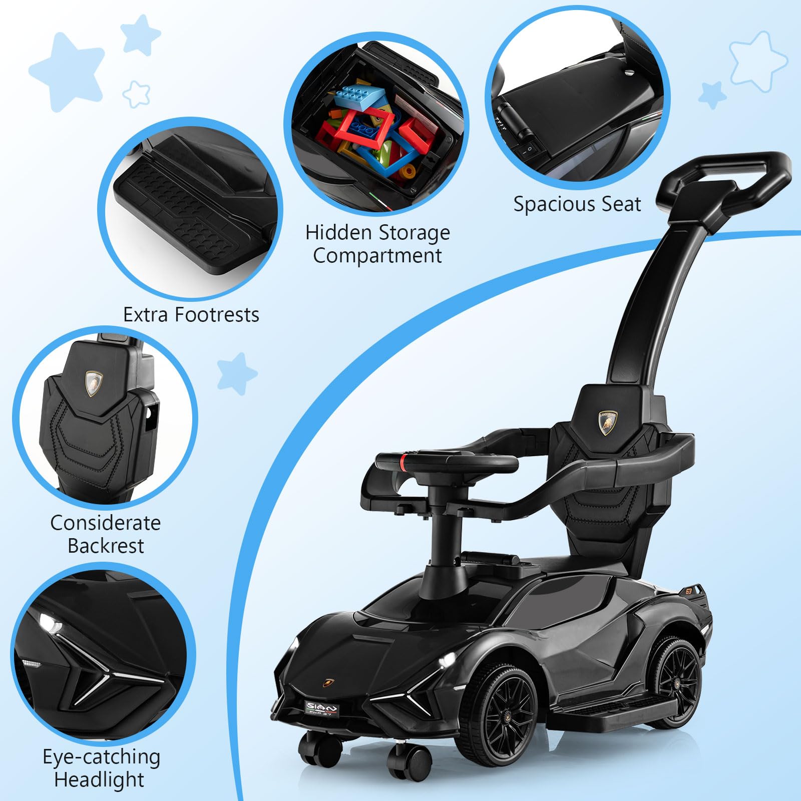 GYMAX 3 in 1 Kids Ride on Push Car, Licensed Lamborghini Push Along Car with Handle, Guardrails, USB Port, Music & Lights, Underneath Storage, Toddler Sliding Toy for 18-60 Months Boys Girls (Black)