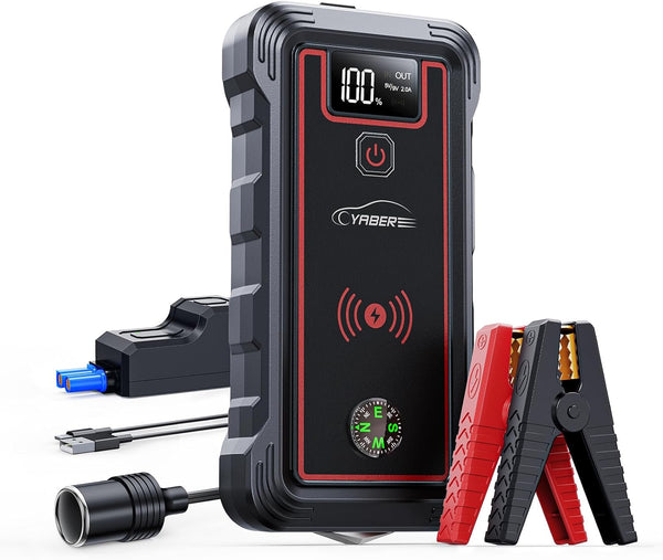 YABER YaberAuto ‎YR800 Jump Starter Power Pack 5000A Peak Car Battery Booster Jump Starter for All Gas Petrol 8.0L Diesel Engines - Jump Starter with 10W Wireless Charger + LED Flashlight + USB-C Port + Digital LCD Screen + Compass + Safety Hammer
