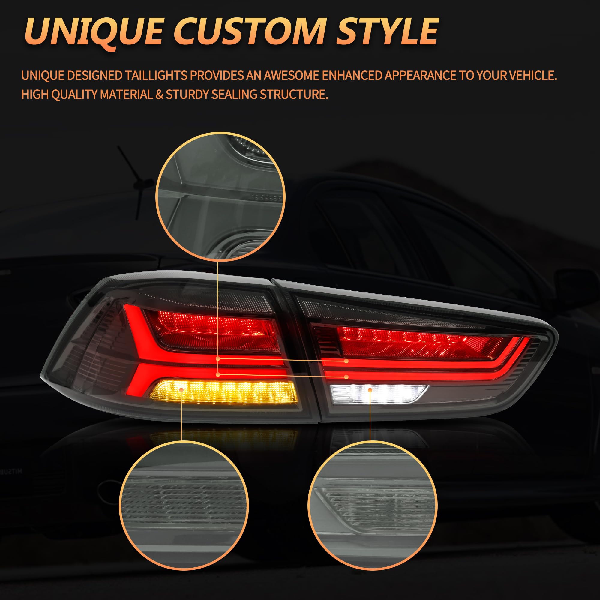 LED Rear Lights compatible with Lancer & EVO X 2008-2020 (Not Fit fortis/io), w/Amber Sequential indicator, Driver & Passenger Side - Red