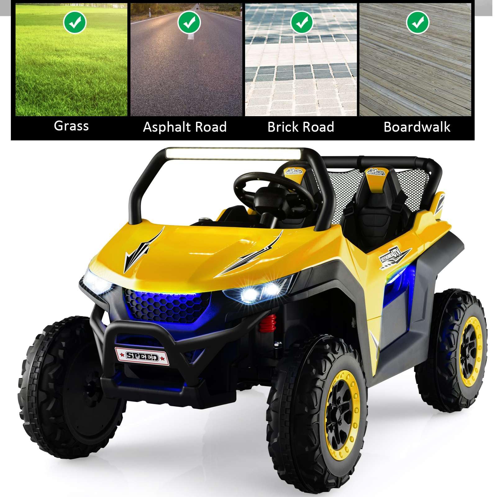 Kids Electric UTV, 2-Seater 12V Battery Powered Toy Car with Remote Control, Lights, Bluetooth, MP3, USB, FM, High/Low Speed & Suspension Spring, Children Ride on Car for 3-8 Years Old (Yellow)