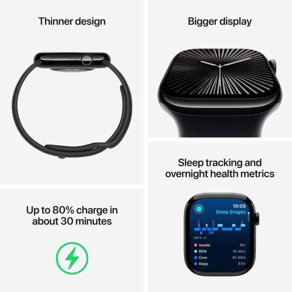 Apple Watch Series 10 GPS 42 mm Smartwatch with Jet Black Aluminium Case with Black Sport Band - M/L. Fitness Tracker, ECG App, Always-On Retina Display, Water Resistant
