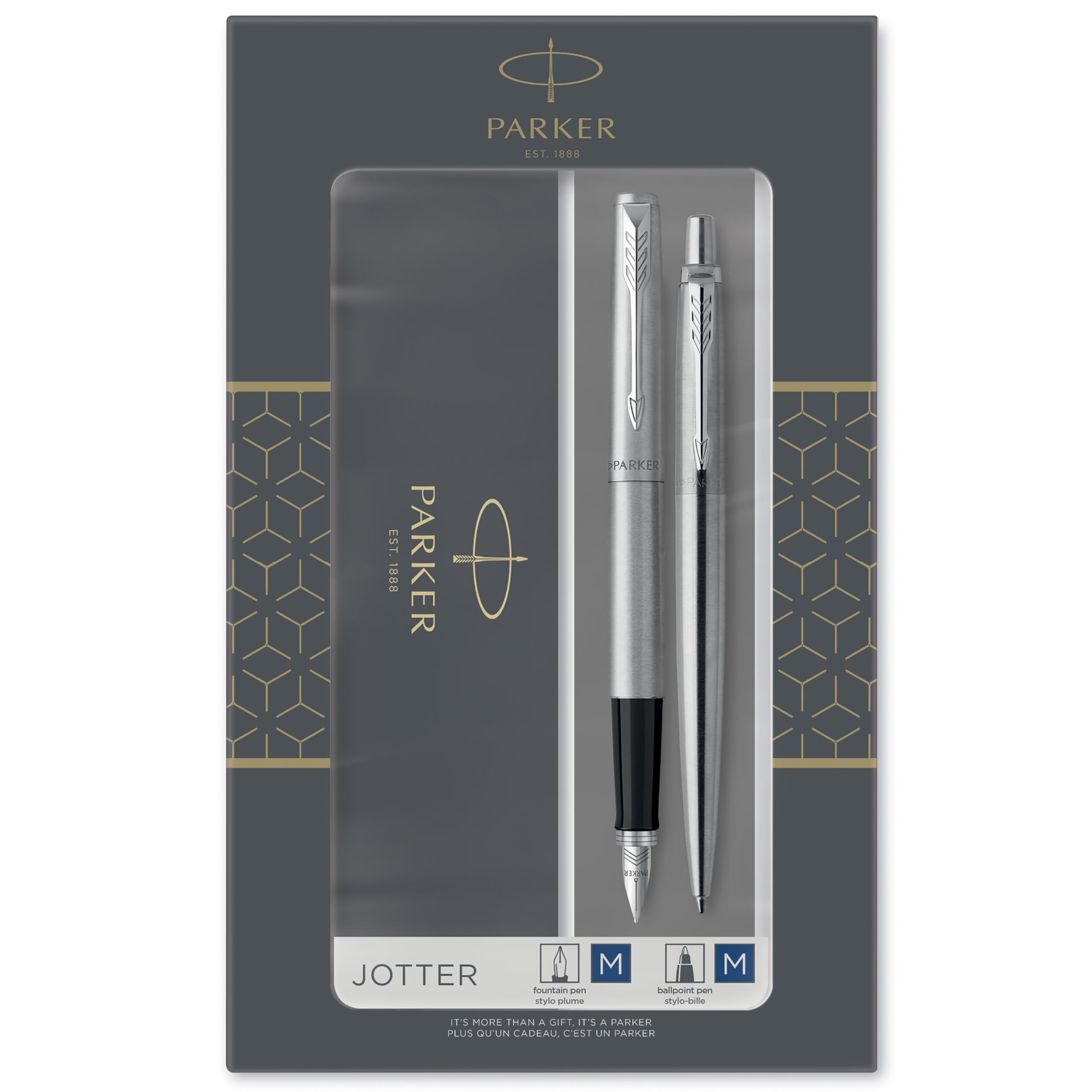 Parker Jotter Ballpoint Pen | Stainless Steel with Chrome Trim | Medium Point | Handwriting Pens & Stationery Supplies | Blue Ink | Gift Box