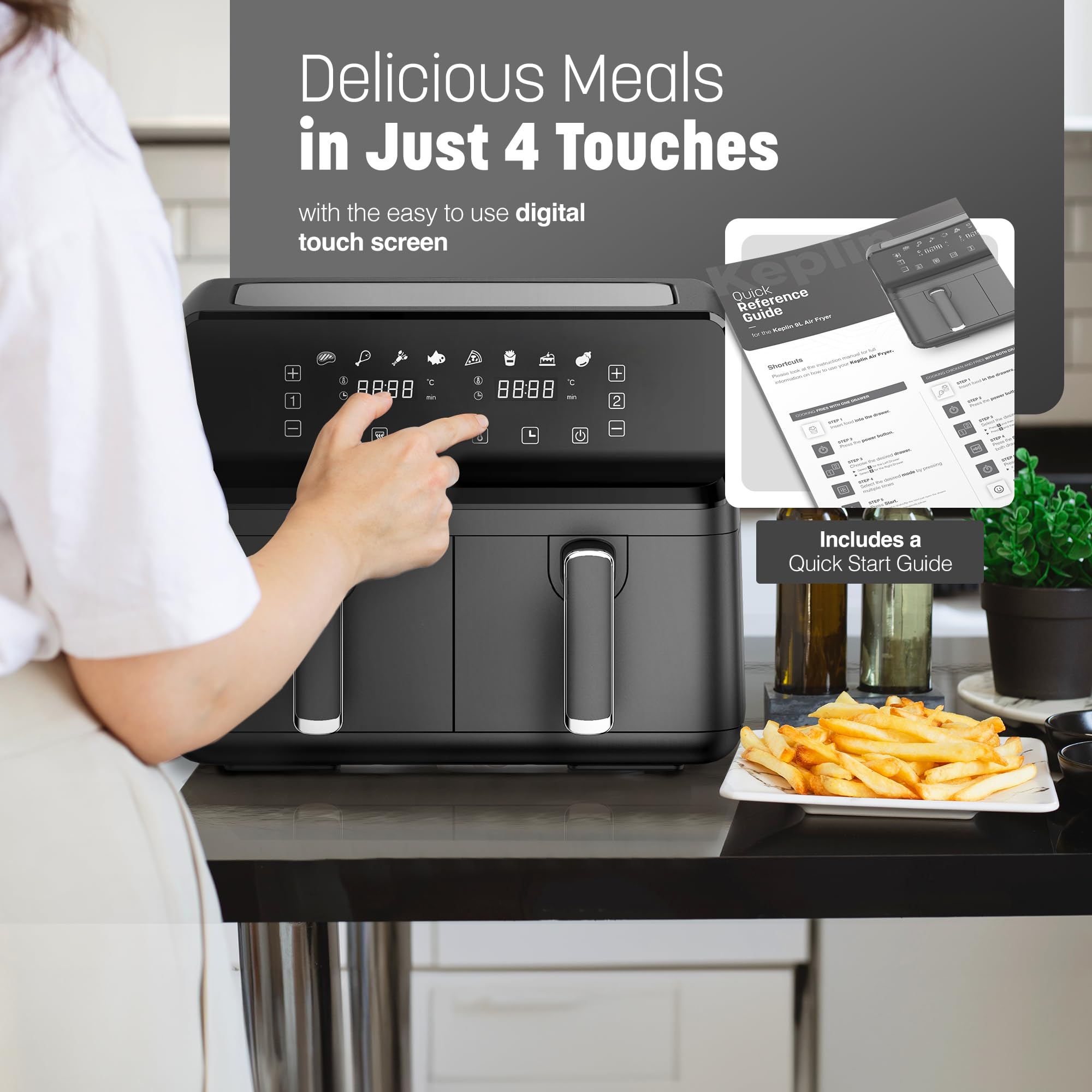 Essen by Keplin 9L Dual Zone Air Fryer - 2700W Energy-Saving Cooker with 6 Cooking Functions - Extra-Large Capacity for Healthy Meals - Roast, Bake, Dehydrate, Crisp - Family Size (9L)