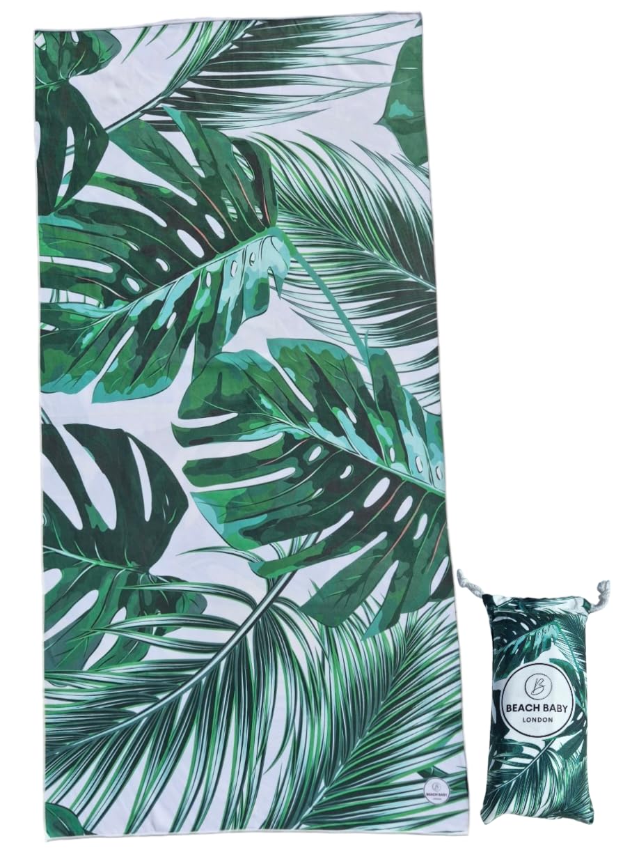 Beach Baby London - Beach Towel - Microfiber - Sand Free - Quick Dry - Light Weigh - Gym Towel - Compact with Matching Bag 130 x 80 cm (GREEN AND