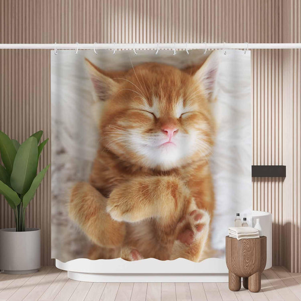 Woutay Shower Curtain Mould Proof Resistant Cute Sleeping Kitten,Water Repellant Fabric,Polyester,with 12 Plastic Hooks
