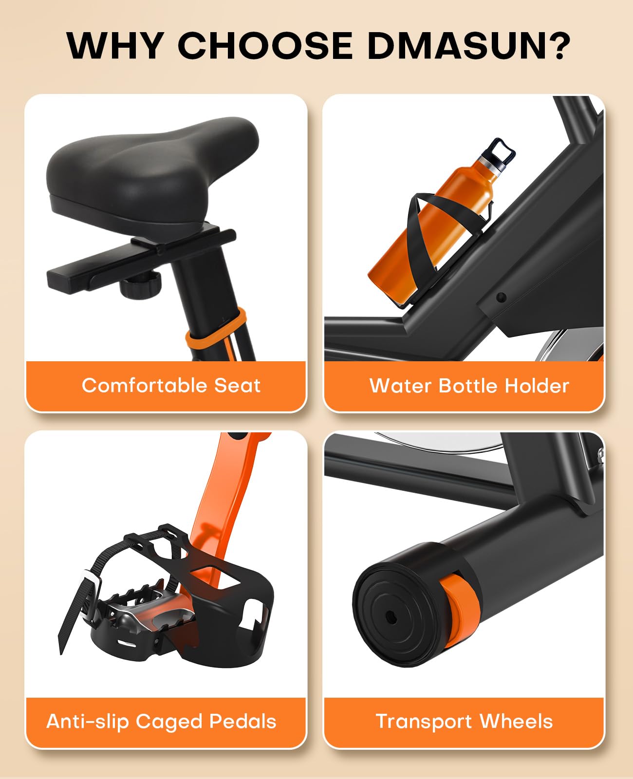 DMASUN Exercise Bike Professional with Large Tablet Holder & Comfortable Seat, Indoor Cycling Bike for Home Cardio, Fitness Stationary Bike with 350LBs Capacity (Additional Soft Seat Cushion Cover)