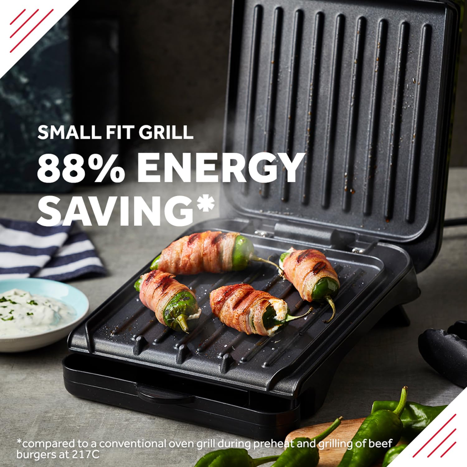 George Foreman Medium Electric Fit Grill [Non stick, Healthy, Griddle, Toastie, Hot plate, Panini, BBQ, Energy saving, Vertical storage, Easy clean, Drip tray, Ready to cook light] Black, 1630W 25810