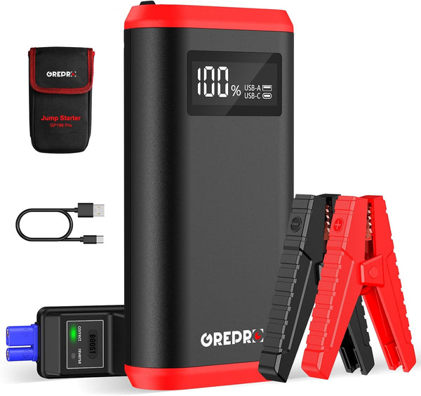 GREPRO Jump Starter Power Pack (up to 10.0L Gas, 8.0L Diesel), 3000A Car Battery Booster Jump Starter and Jump Pack for 12V Vehicles, Motorcycle, Battery Booster with LCD Screen and LED Flashlight