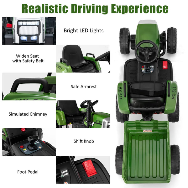 COSTWAY Ride on Tractor and Trailer, 12V Battery Powered Electric Kids Toy Car with Remote Control, LED Lights, USB & Bluetooth Music, Four Wheels Ride on Toys for Children Ages 3+(Dark Green)