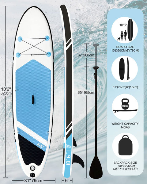 Inflatable Stand Up Paddle Board 10'6"×31"×6"", Max 140KG Load SUP Paddle Board with Accessories Waterproof Cell Phone Bag, Excellent Paddleboards for Adults/Youth/Beginners/Advanced/Water yoga