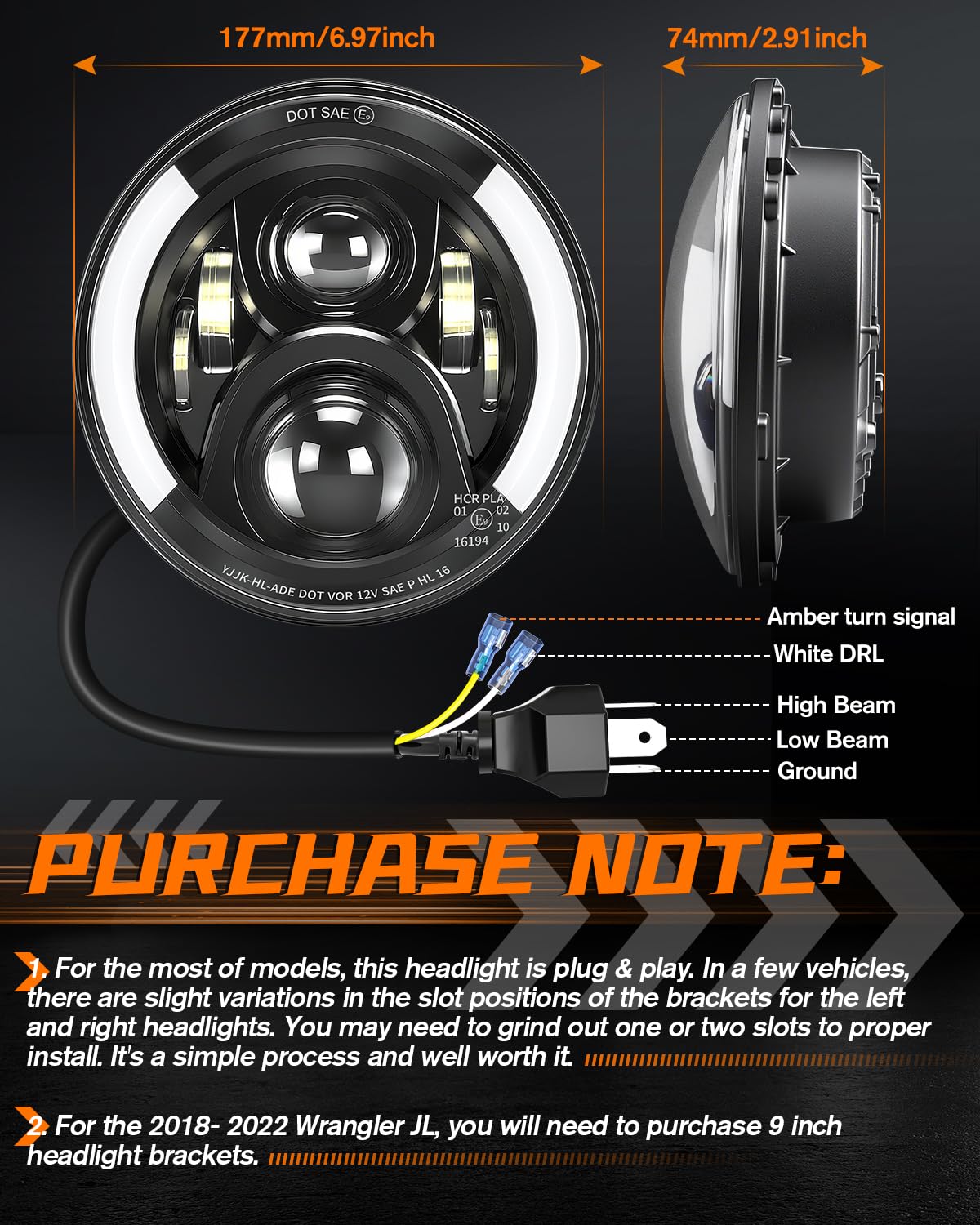 CO LIGHT 7 Inch LED Headlight Round Half Halo Angel Eyes DRL Amber Turn Signal Lights DOT and E-Mark Approved, H6024 LED Headlights with H4 H13 Adapter Compatible for Wrangler JK TJ LJ CJ, 2PCS