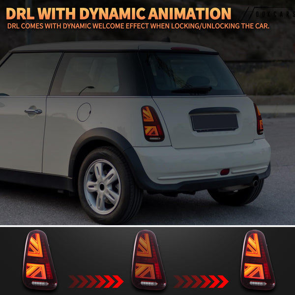 VLAND LED Rear Lights Compatible with Mini Cooper R50 R52 R53 2001-2006 1st Gen Hatch/Convertible, Union Jack Tail Lights w/Startup Dynamic Display & Sequential Indicator, 1 Set (Red)