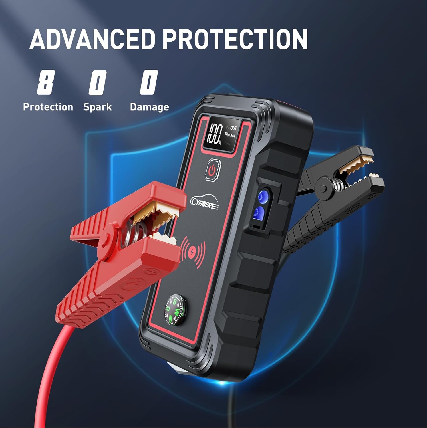 YABER YaberAuto ‎YR800 Jump Starter Power Pack 5000A Peak Car Battery Booster Jump Starter for All Gas Petrol 8.0L Diesel Engines - Jump Starter with 10W Wireless Charger + LED Flashlight + USB-C Port + Digital LCD Screen + Compass + Safety Hammer