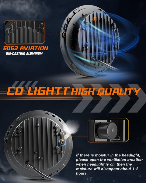 CO LIGHT 7 Inch LED Headlight Round Half Halo Angel Eyes DRL Amber Turn Signal Lights DOT and E-Mark Approved, H6024 LED Headlights with H4 H13 Adapter Compatible for Wrangler JK TJ LJ CJ, 2PCS