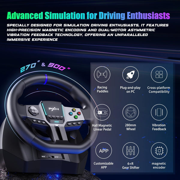 PXN V9 Gen2 PC Racing Wheel with Pedals and Shifter Vibration Feedback Hall Effect Pedal H-Shifter, Paddle Shifters Tools APP Steering Wheel for PC PS4 Xbox One Xbox Series X S