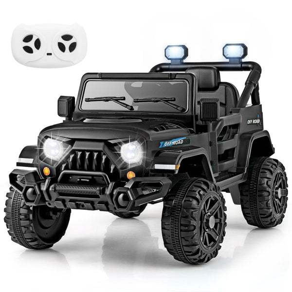 COSTWAY 12V Kids Ride on Car, 2 Motors Electric Off Road Truck with Remote Control, LED Lights, Music, Horn & Wireless Connection, Battery Powered Ride on Toy for Boys Girls (Black)