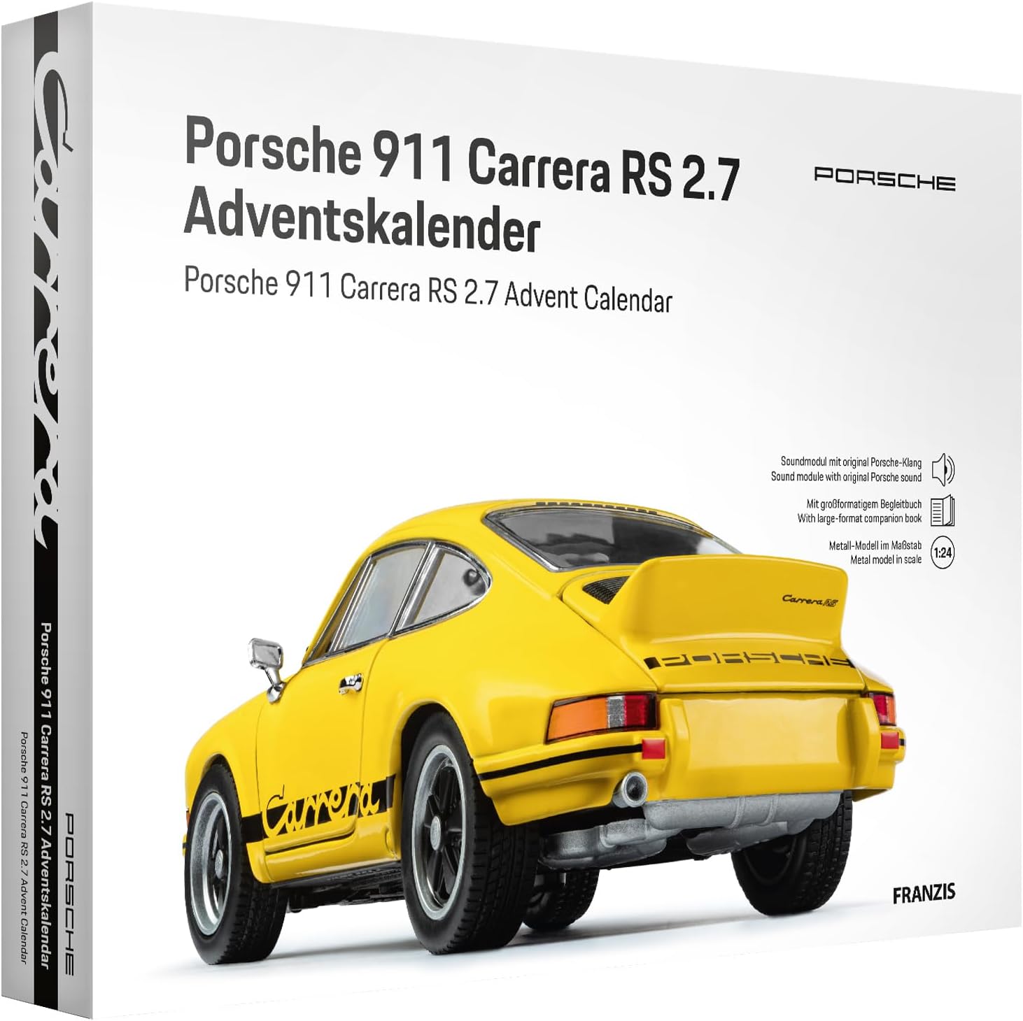 FRANZIS 67273 Porsche 911 Carrera RS 2.7 Advent Calendar Model Kit 1:24 Scale Including Sound Base and 52-Page Accompaniment Book