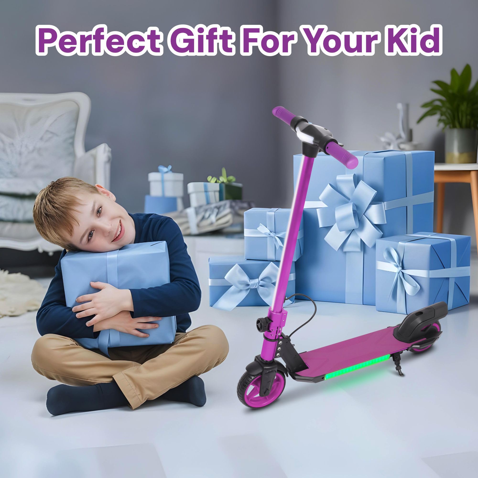 Electric Scooter Kids Foldable Mobility Scooters E Bike With RGB LED Lights For Ages 6-12 Boys Girls | 3 Speed Modes | 6-10 KM Range Dual Braking System 150W Motor Gift for Children