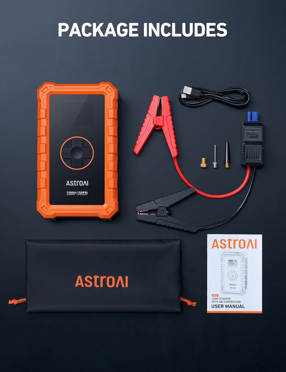 AstroAI Jump Starter Power Pack with Air Compressor, 12V Portable Car Battery Booster Jump Starter and 150PSI Tyre inflator Power Pack with Emergency Light, LED Display