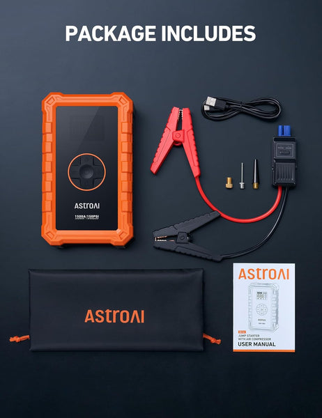 AstroAI Jump Starter Power Pack with Air Compressor, 12V Portable Car Battery Booster Jump Starter and 150PSI Tyre inflator Power Pack with Emergency Light, LED Display