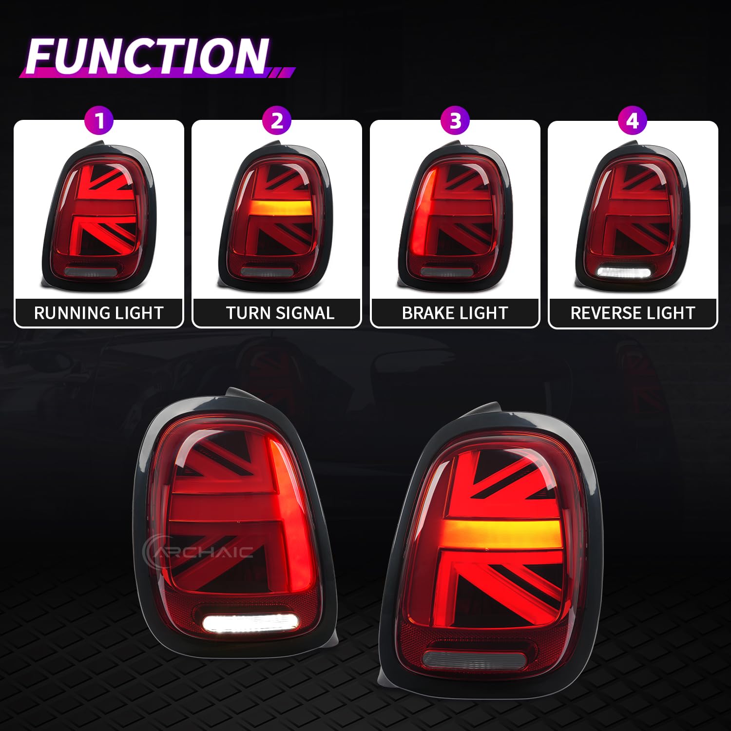 Archaic Union Jack Rear Lights for Mini Cooper One F55 F56 F57 2014-2021, with Sequential Turn Signal Light, Plug&Play, Pair