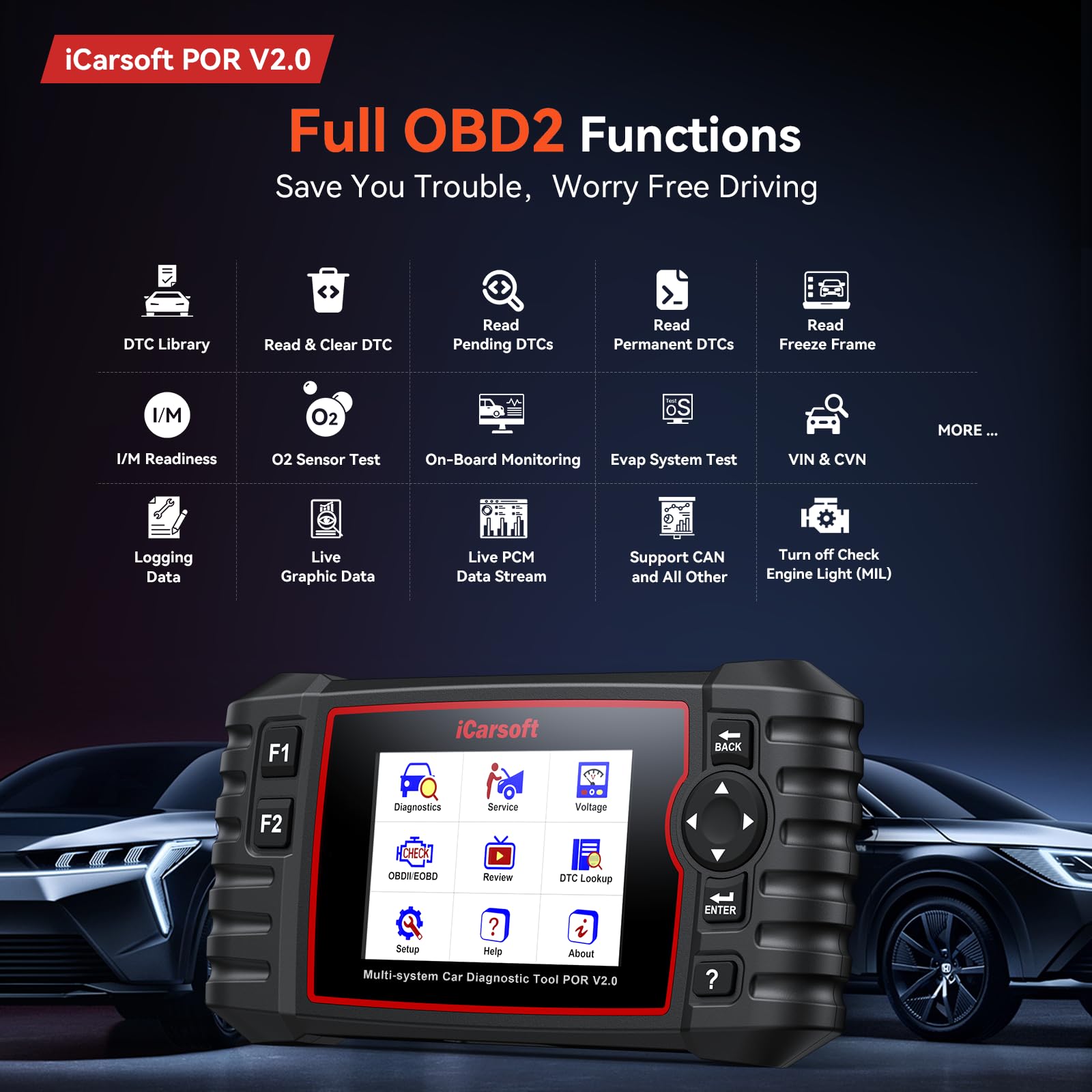 iCarsoft POR V3.0 Scanner for Porsche, 27 Reset Services OBD2 Scanner Code Reader, OIL/BLD/EPB/SAS/BMS/ETC/INJ/DP-F/TPMS Reset, 4-in-1 Graph Data, Bi-Directional Test, Lifetime F-ree Update