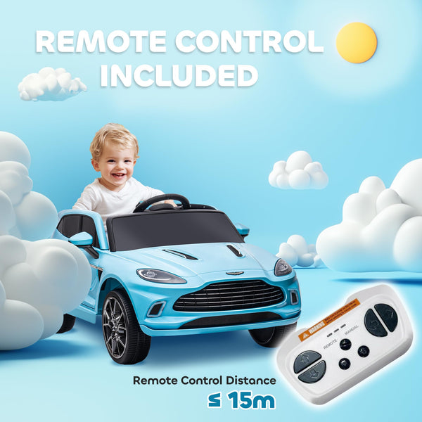 AIYAPLAY 12V Kids Electric Car, Aston Martin DBX Licensed Kids Ride on Car with Remote Control, 4 Suspension Wheels, LED Lights, Music, Horn, Slow Start, for Ages 3-6 Years, Blue