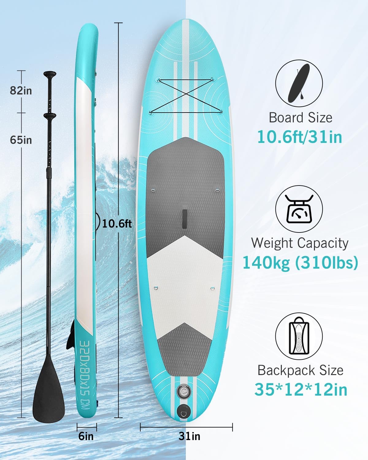 Inflatable Stand Up Paddle Board 10'6"×31"×6"", Max 140KG Load SUP Paddle Board with Accessories Waterproof Cell Phone Bag, Excellent Paddleboards for Adults/Youth/Beginners/Advanced/Water yoga
