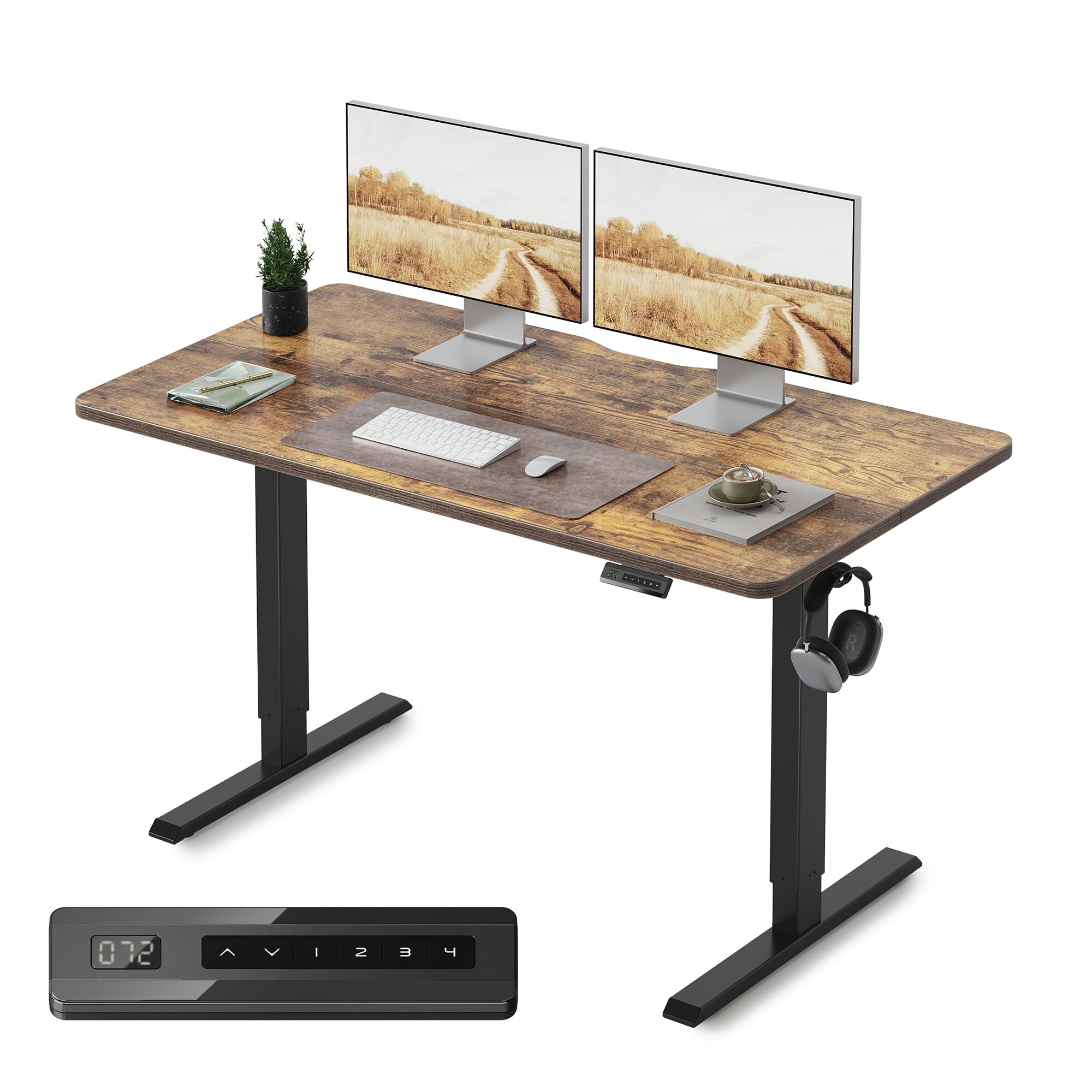 FEZIBO Height Adjustable Electric Standing Desk, 120 * 60 cm Stand up Table, Sit Stand Home Office Desk with Splice Board, White Frame/Maple Top