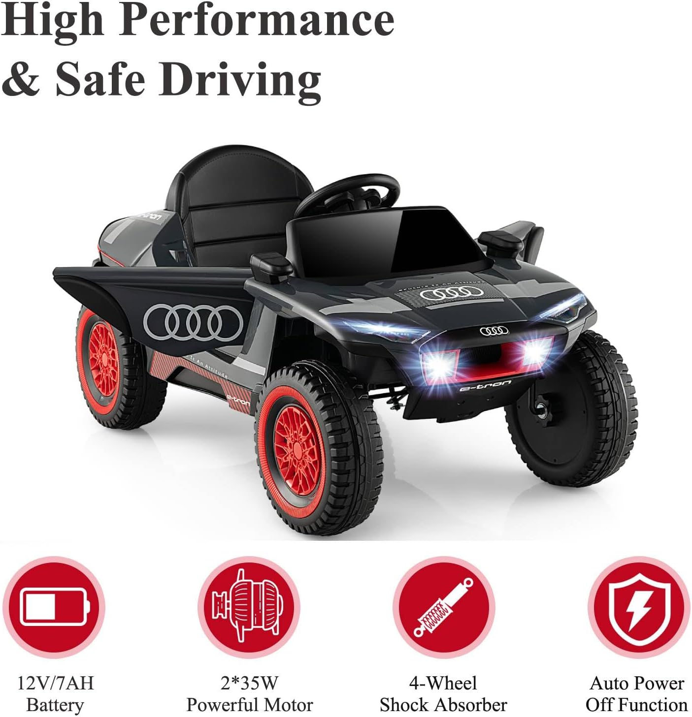 Kids Electric Car, 12V Battery Powered Toy Car with Remote Control, Music, Horn, Head lights, USB/FM, 4 Suspension Springs, Children Ride on E-tron Racing Car for 3+ Years Old