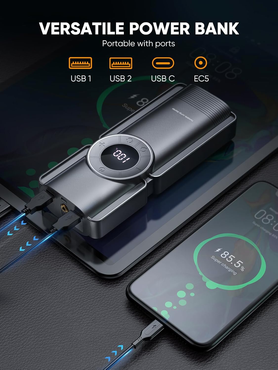 4-in-1 Jump Starter Power Pack, 3000A Car Battery Booster Jump Starter with 150 PSI Air Compressor(8.5L Gas/8.0L Diesel),Car jump Starter Power Bank with Digtal Display,Emergency Light