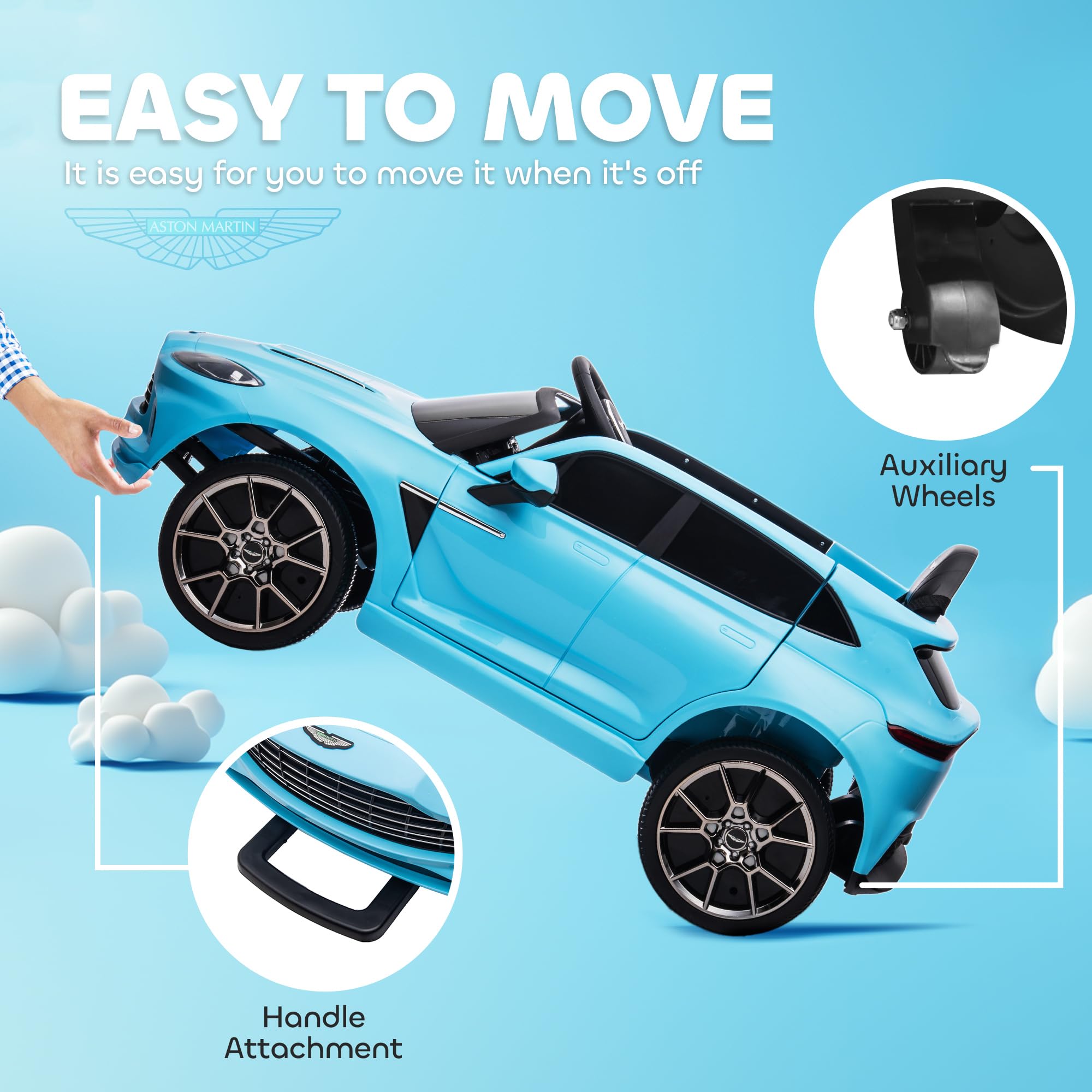 AIYAPLAY 12V Kids Electric Car, Aston Martin DBX Licensed Kids Ride on Car with Remote Control, 4 Suspension Wheels, LED Lights, Music, Horn, Slow Start, for Ages 3-6 Years, Blue