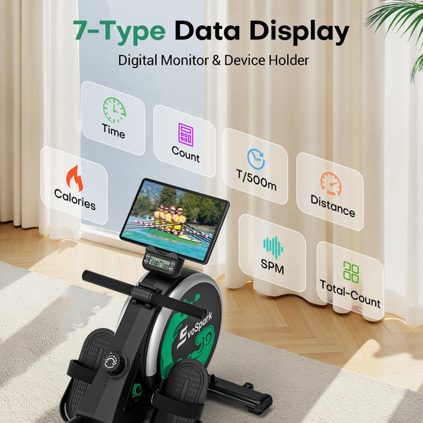 Rowing Machine for Home Gym, EvoSpark Magnetic Rowing Machines 350 LB Weight Capacity - Foldable Rower for Home Use with App Supported, Upgrade to Double Slide Rail