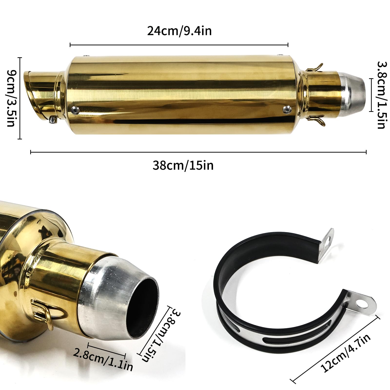 38mm 51mm Universal Motorcycle Golden Muffler Exhaust Stainless Steel Slip on Exhaust Pipe 1.5" 2" for Dirt Bike Street Bike Scooter ATV