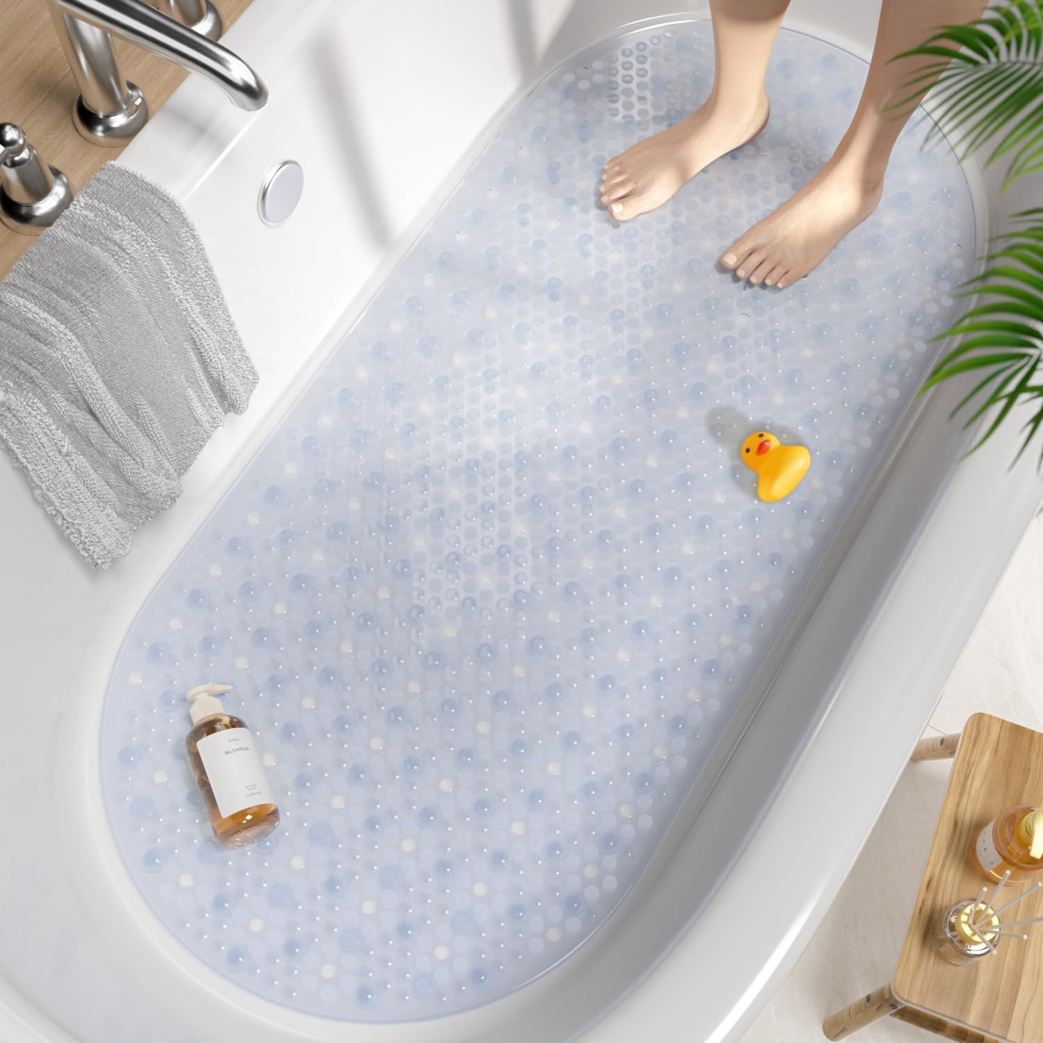 HITSLAM Oval Bath Mat Non Slip Anti Mould, 88 x 40 CM Anti Slip Shower Mat for Bathroom, Machine Washable Bubble Bathtub mat with Suction Cups and
