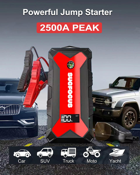 Car Battery Jump Starter, 2500A Jump Starter (for 8.0L Gas or 6.5L Diesel Engine), Battery Jumper Starter Portable, Jump Box, Jump Start Battery Pack with Jumper Cable, LED Light/USB QC3.0 (Red Black)