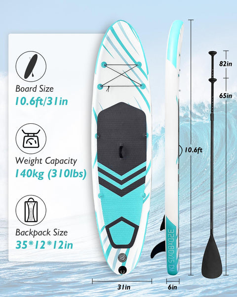Inflatable Stand Up Paddle Board 10'6"×31"×6"", Max 140KG Load SUP Paddle Board with Accessories Waterproof Cell Phone Bag, Excellent Paddleboards for Adults/Youth/Beginners/Advanced/Water yoga