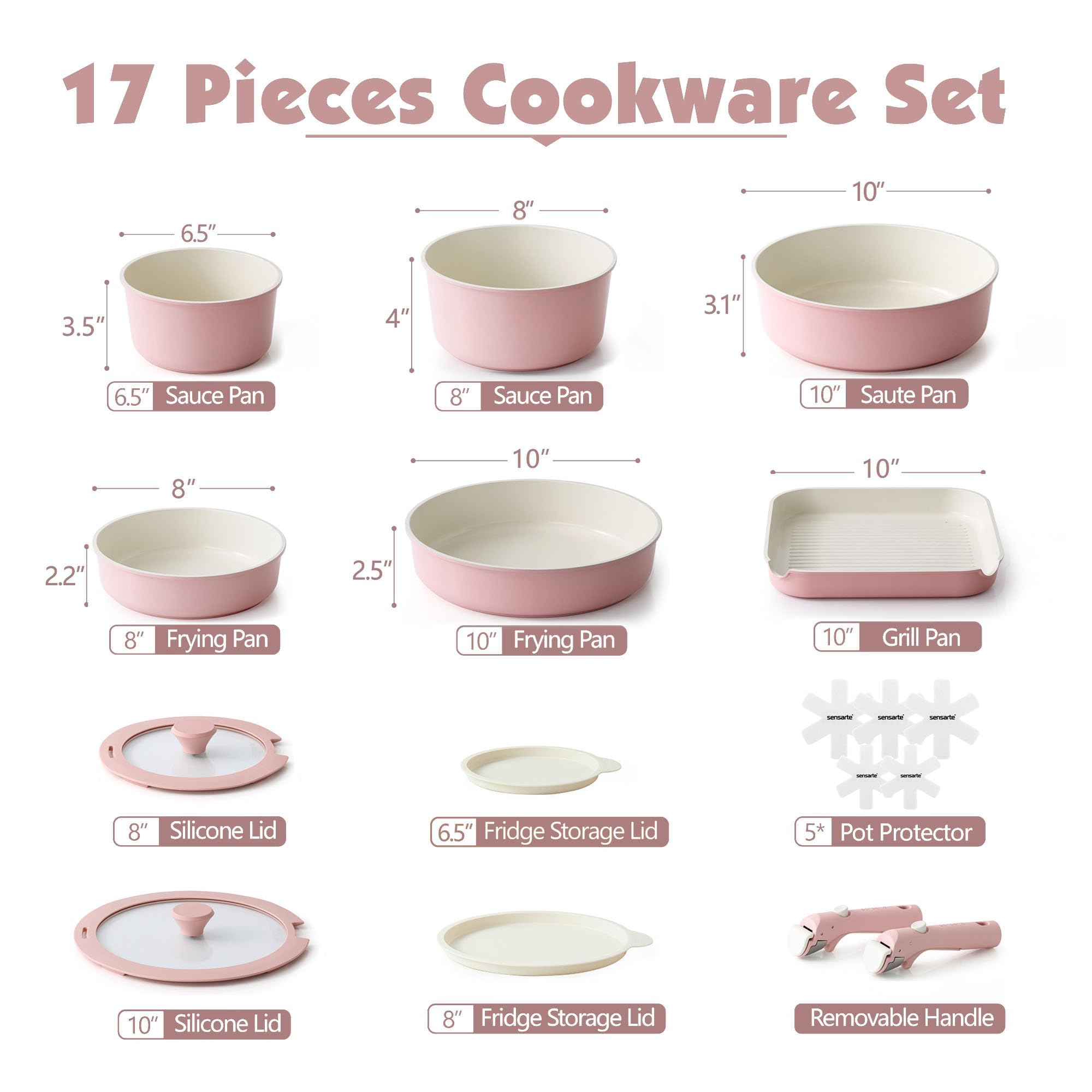 SENSARTE 17 Piece Pots and Pans Set, Nonstick Detachable Handle Cookware, Induction Kitchen Cookware Set with Removable Handle, Healthy Non Stick RV Cookware, Oven Safe (Black)