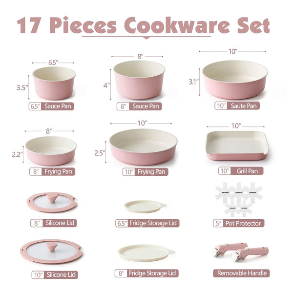 SENSARTE 17 Piece Pots and Pans Set, Nonstick Detachable Handle Cookware, Induction Kitchen Cookware Set with Removable Handle, Healthy Non Stick RV Cookware, Oven Safe (Black)