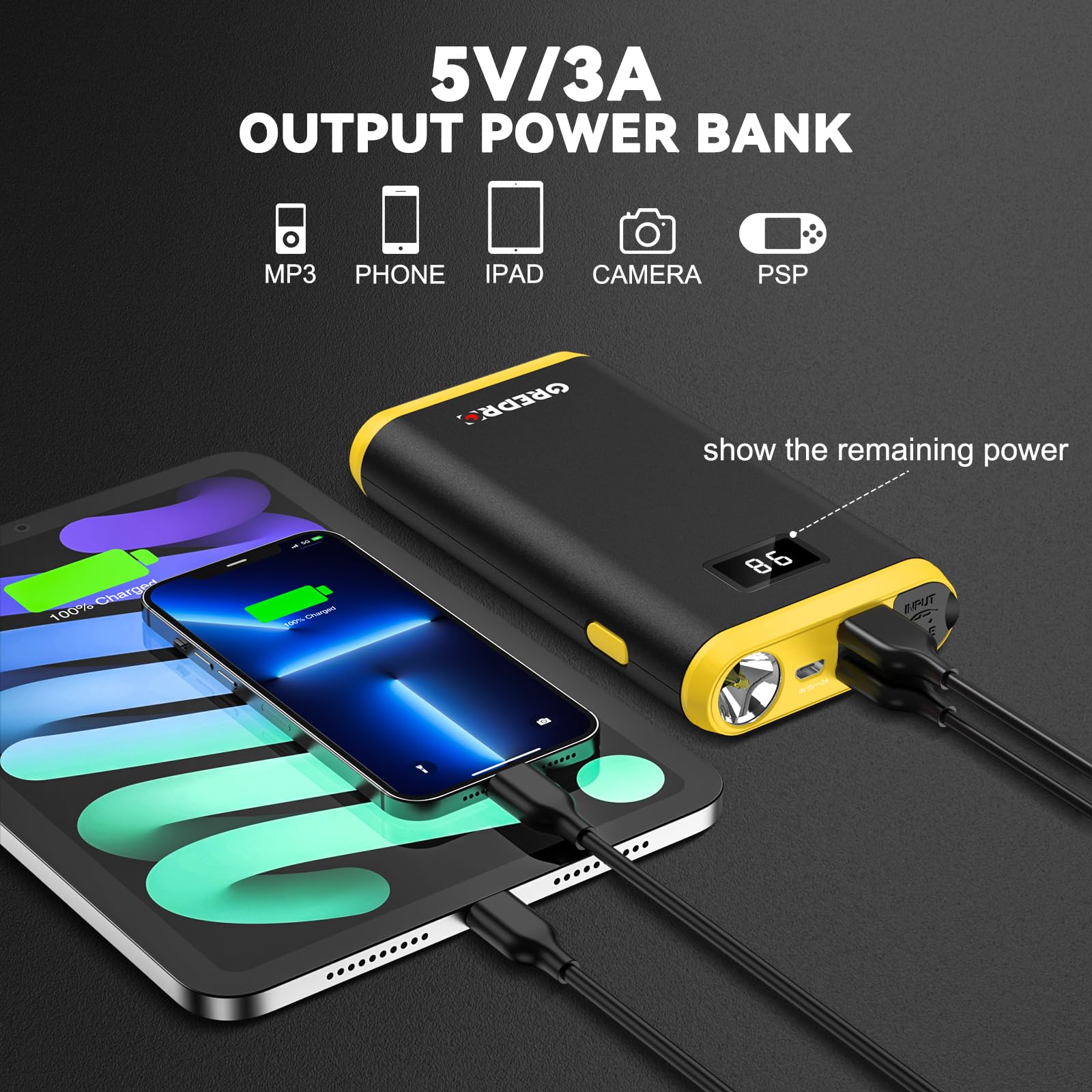 GREPRO Jump Starter Power Pack (up to 6.5L Gas, 4.0L Diesel), 2000A Car Battery Booster Jump Starter and Jump Pack for 12V Vehicles, Motorcycle, Battery Booster with LCD Screen and LED Flashlight