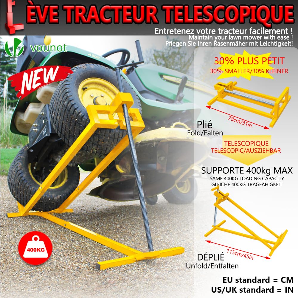 VOUNOT? Ride on Mower Jack Lift, Telescopic Maintenance Jack for Lawn mowers and Garden Tractors, Weight Capacity 400kg, Yellow