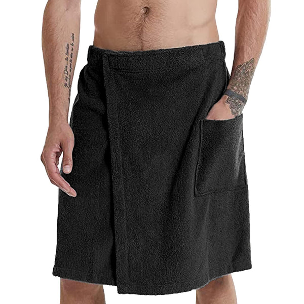 Jamron Mens Adjustable Bath Towel Wrap - Wearable Towel Skirt with Pocket for Gym Shower Sauna Spa & Beach Cover Ups Black M