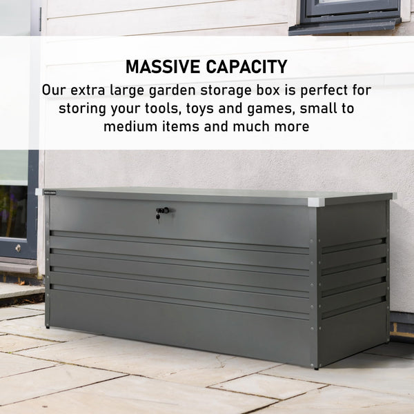 Olsen & Smith 1000L Extra Large XL Metal Outdoor Garden Storage Box - Weather Resistant Heavy Duty Garden Box with Built In Lock - Massive Capacity Storage Chest for Tools Cushions Toys & More, Grey