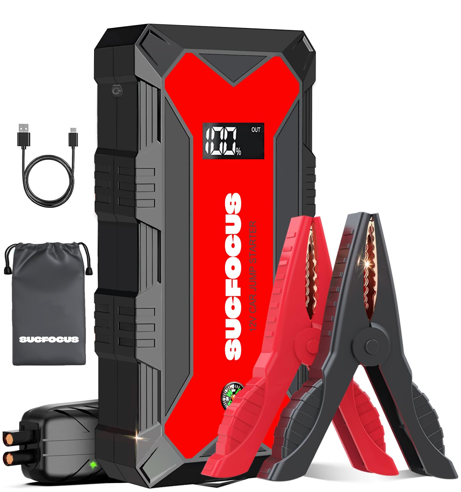 Car Battery Jump Starter, 2500A Jump Starter (for 8.0L Gas or 6.5L Diesel Engine), Battery Jumper Starter Portable, Jump Box, Jump Start Battery Pack with Jumper Cable, LED Light/USB QC3.0 (Red Black)