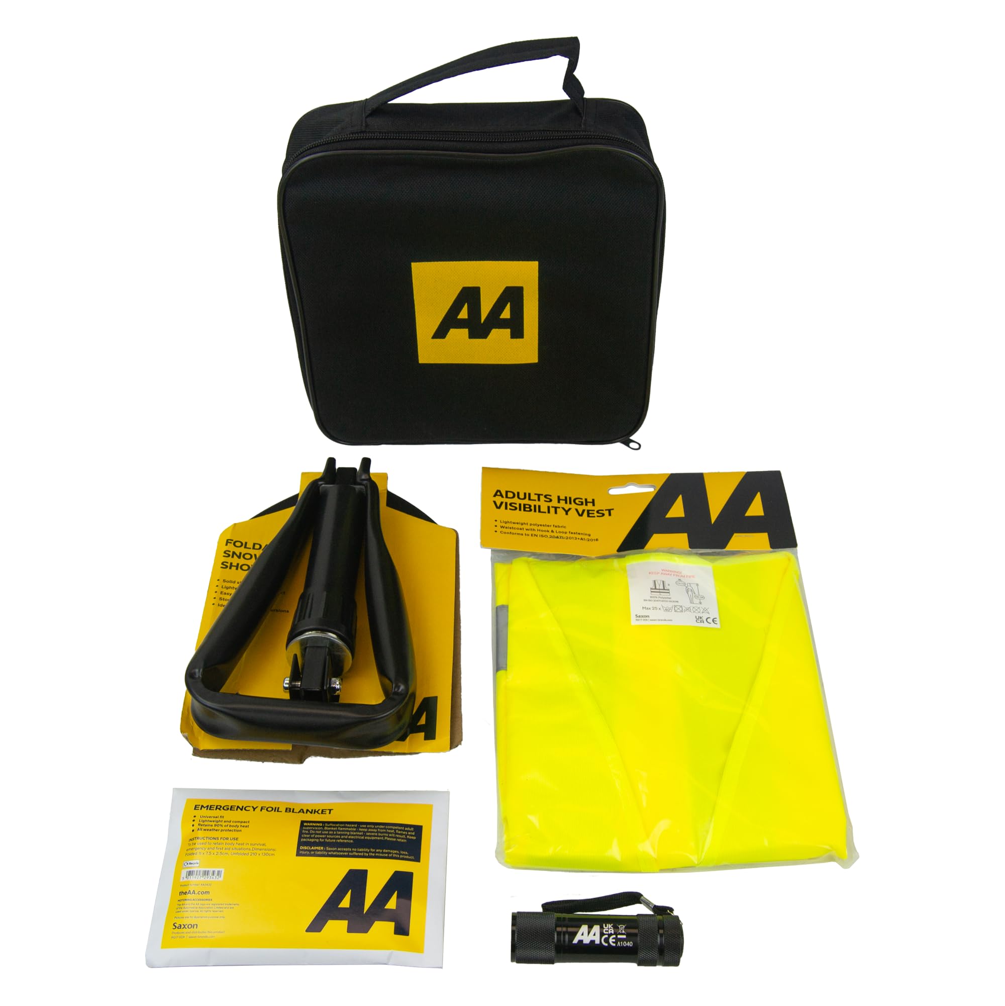 AA Vehicle Breakdown Safety Kit Plus AA5618 – Tyre Inflator, Warning Triangle, Tow Rope, Hi-Vis Vest, Torch, Glass Hammer, Booster Cables, Storage Bag