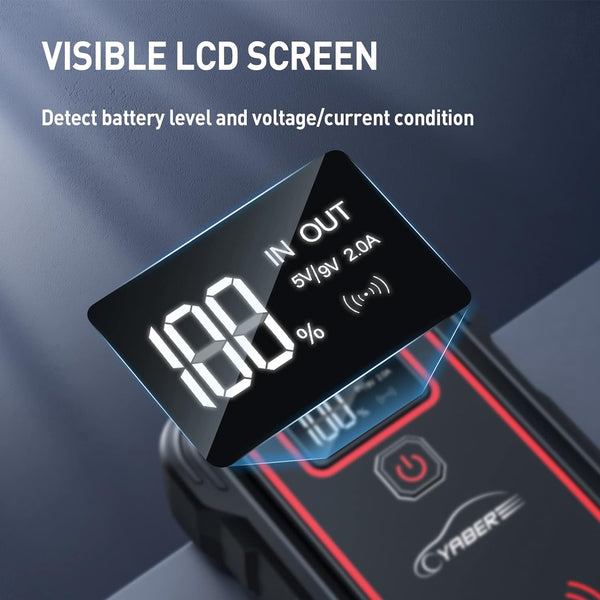 YABER YaberAuto ‎YR800 Jump Starter Power Pack 5000A Peak Car Battery Booster Jump Starter for All Gas Petrol 8.0L Diesel Engines - Jump Starter with 10W Wireless Charger + LED Flashlight + USB-C Port + Digital LCD Screen + Compass + Safety Hammer