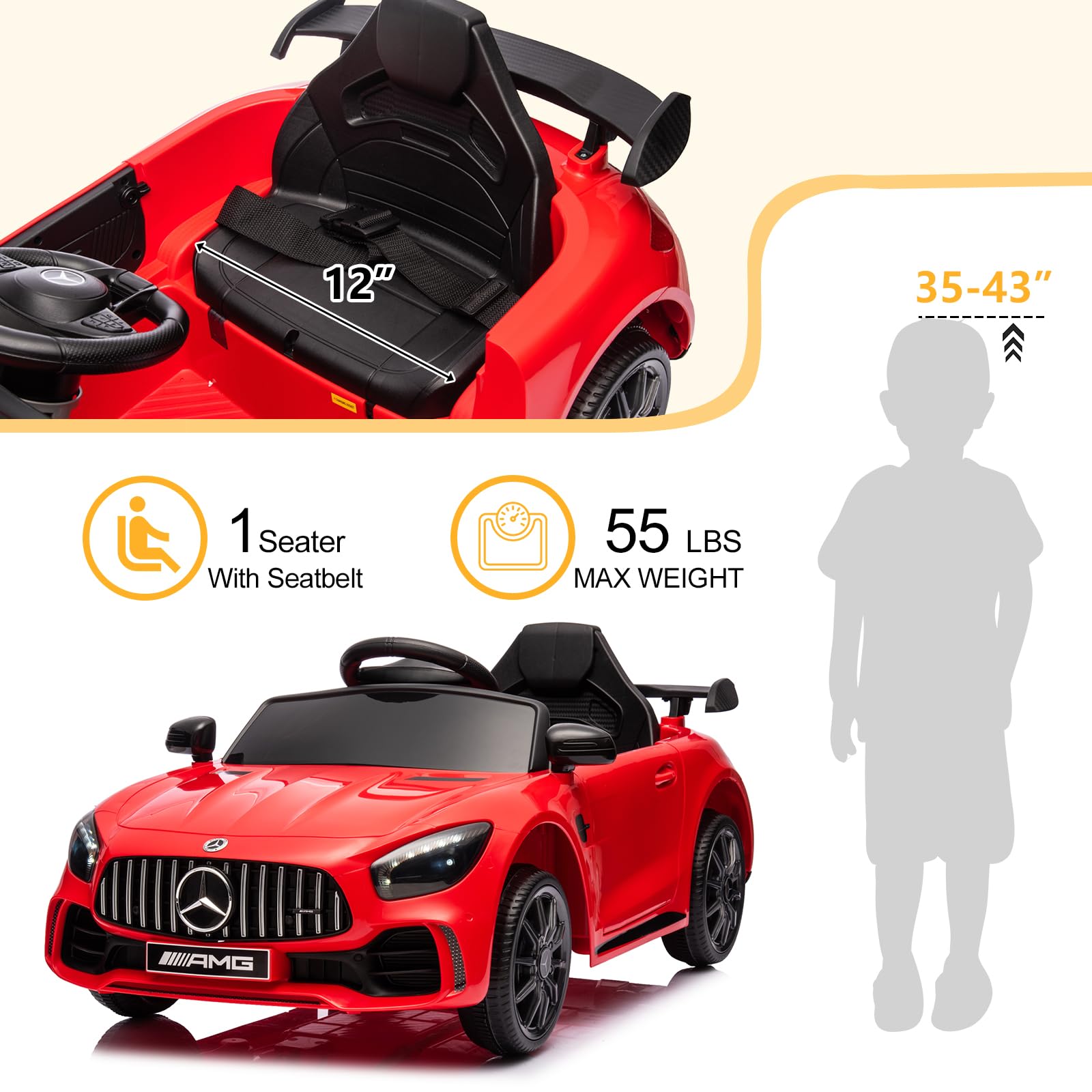 Karlhome 12V Ride on Car, Licensed Mercedes Benz AMG GTR with Parental Remote, 2 Motors Electric Car for Kids to Drive w/Wider Seat, LED Lights, Openable Doors, MP3, Smooth Start, 3 Speeds - Black