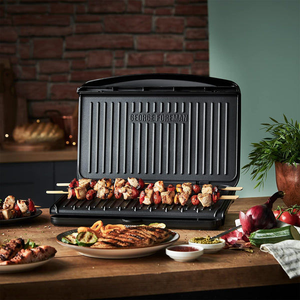 George Foreman Medium Electric Fit Grill [Non stick, Healthy, Griddle, Toastie, Hot plate, Panini, BBQ, Energy saving, Vertical storage, Easy clean, Drip tray, Ready to cook light] Black, 1630W 25810