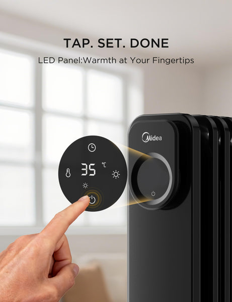 Midea Oil Filled Radiator, 2300W, 11-Fin Portable Electric Heater with Knob Controls, Adjustable Thermostat, 3 Heat Settings, Tip-Over & Overheat Protection, UltraQuiet Operation for Office & Home Use